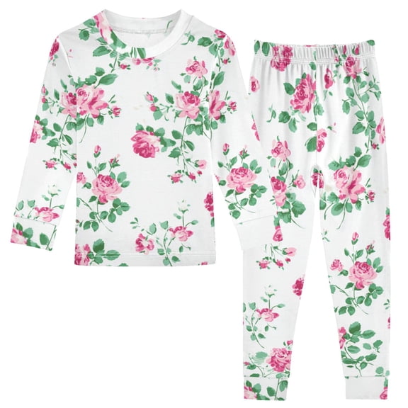Small Roses Green Leaves Cotton Pajama Set Long Sleeve Top and Pants Sleepwear Unisex 8Y