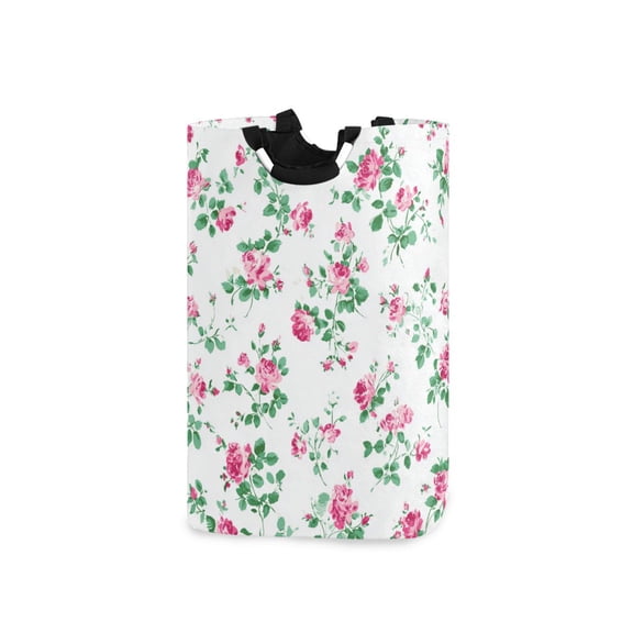 Small Roses Green Leaves Laundry Basket with Handles Foldable Laundry Hamper Freestanding Washing Bin 50L