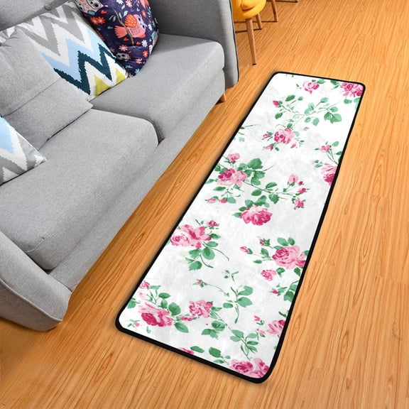 Small Roses Green Leaves Long Floor Mat Runner Rug Area Mat Noise Reduction Water Absorbent Non-Slip 72" x 24"