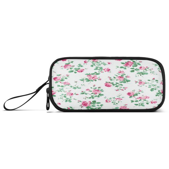 Small Roses Green Leaves Pencil Case Stationary Holder Pen Bag Pencil Pouch Tool Organizer 3 Compartments
