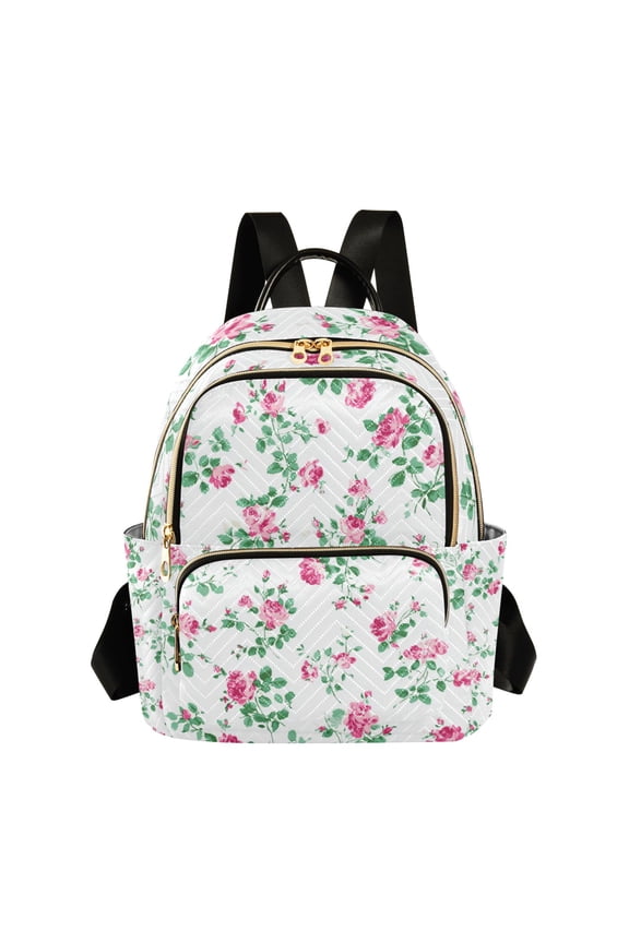 Small Roses Green Leaves Quilted Backpack Fashion Daypack Commuter Bag for Women 14 L