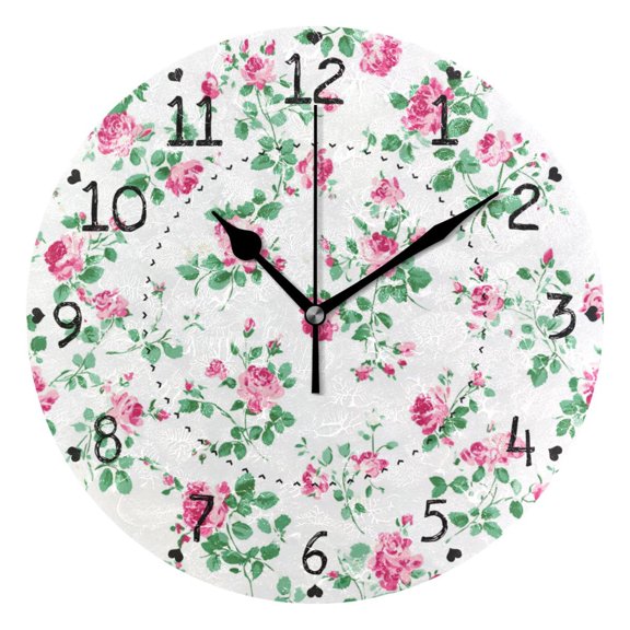 Small Roses Green Leaves Round Wall Clock Silent Analog Battery Operated Black Pointer Home Decor 9.84" Diameter