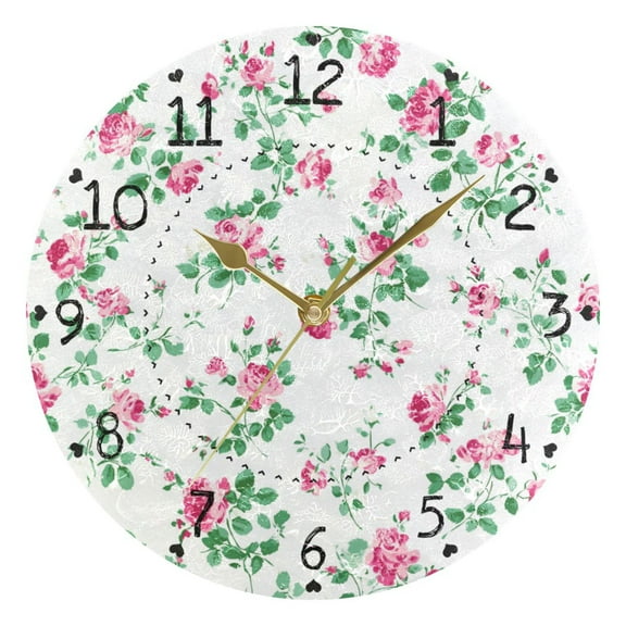 Small Roses Green Leaves Round Wall Clock Silent Analog Battery Operated Gold Pointer Home Decor 9.84" Diameter