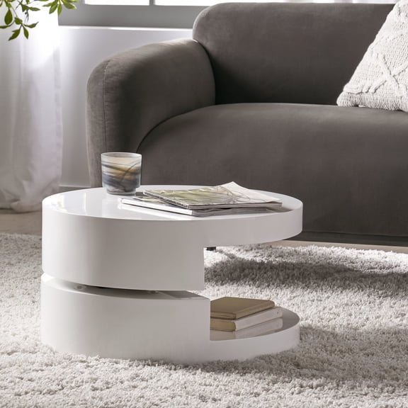 Small Rotatable Coffee Table with 2 Circular Levels / Complements Any Decor with High - Gloss White Finish
