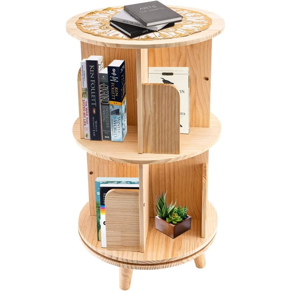 Small Rotating Bookshelf, 2 Tier Rotating Bookshelf with Legs, 360 Display Standing Revolving Bookcase Round Corner Bookshelf Floor Standing Bookcase for Bedroom, Living Room, Study Room (2 Tier)