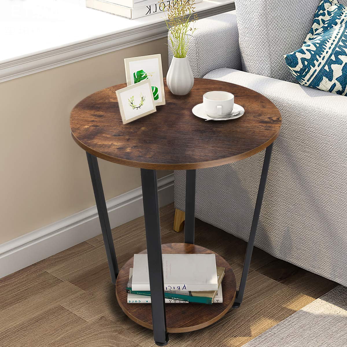 Small Round 2 Tier Wooden Side End Table for Small Spaces Bedroom Living Room Accent Tables Nightstand 22 Inch Height Brown and Black Frame