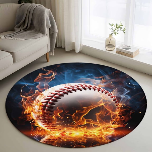 Small Round Area Rug 4 Ft, Baseball, Non Slip Area Rugs for Bedroom, Sports Theme Gradient Orange Blue Black Washable Low Pile Indoor Accent Carpet Door Mat for Kitchen Entryway Nursery