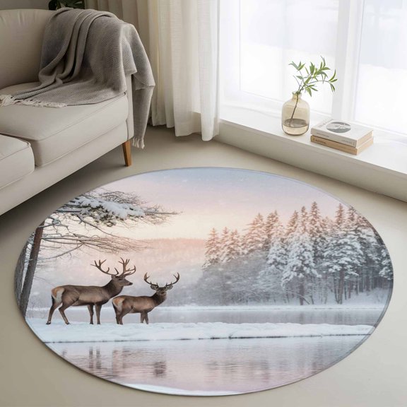 Small Round Area Rug 4 Ft, Christmas Elks Non Slip Area Rugs for Bedroom, Winter Snowy Forest Sunset Natural Scenery Washable Low Pile Indoor Accent Carpet Door Mat for Kitchen Entryway Nursery