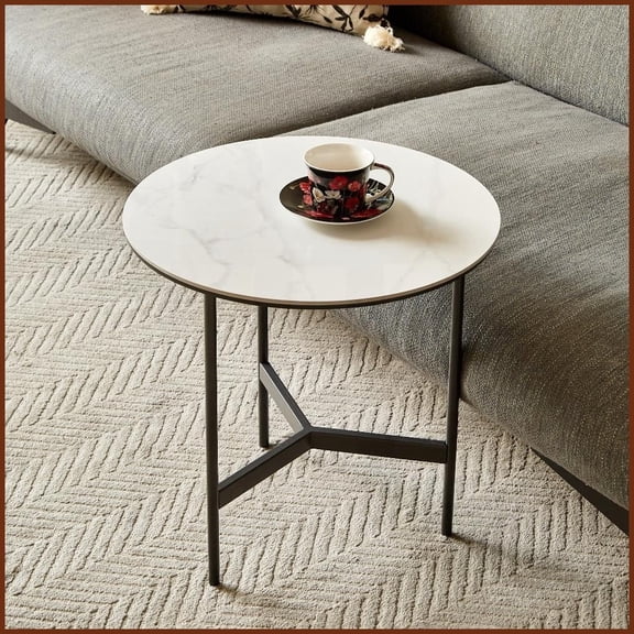 Small Round Coffee Table - Metal Frame & Sintered Stone Top, Easy-Clean & Lightweight for Living Room Bedroom Balcony