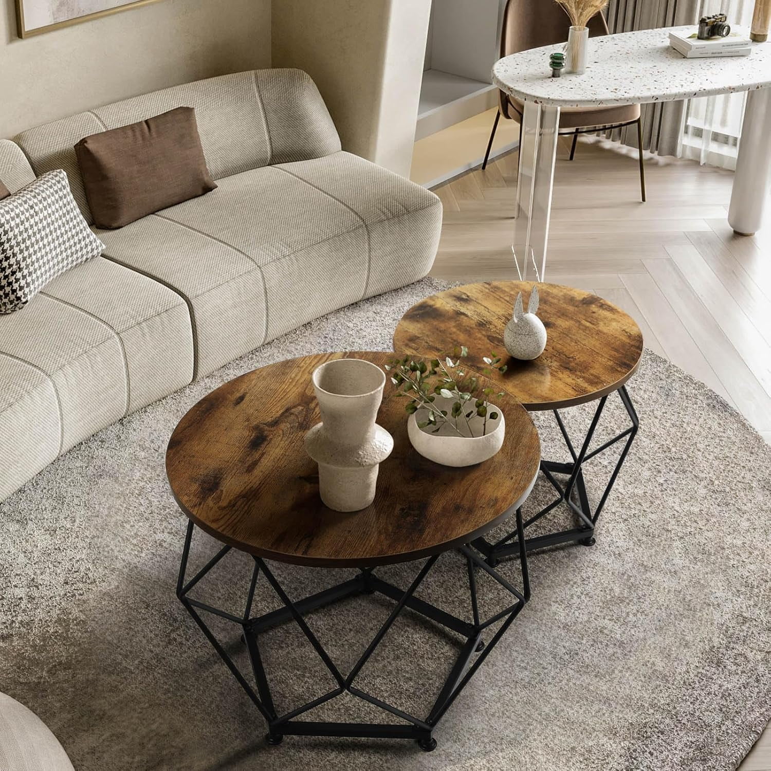Small Round Coffee Table Set of 2,Modern Coffee Table with Metal Frame ...