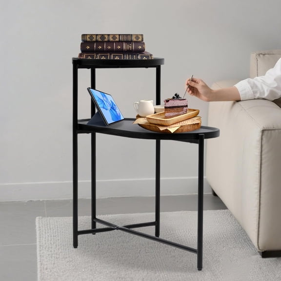Small Round Coffee Table with Storage Shelf, 2-Tier End Table for Living Room Bedroom