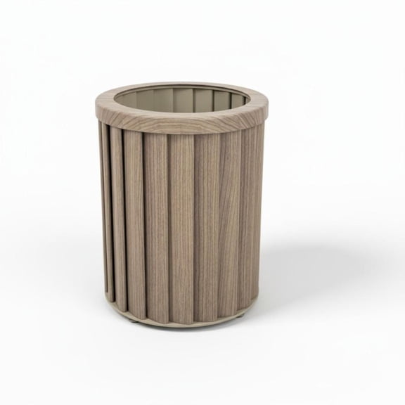 Small Round Column Planter, 10.4 Inch Ash Brown Wood-Tone Aluminum Flower Pot