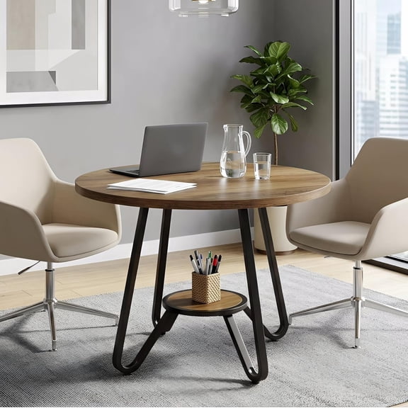 Small Round Conference Table for 2-4, Industrial Wooden Office Table with Wood Top & Black Metal Frame, Compact Seminar Table for Small Spaces