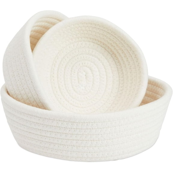 Small Round Cotton Rope Storage Baskets - Nesting Storage Bin Pack - Cotton Woven Basket for Home Organizing - White, Pack of 3, 6.5 x 2.9 in / 7.5 x 3 in / 8.2 x 3.2 in