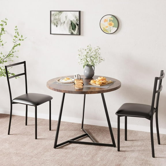 Small Round Dining Table Set for 2, Wood Marbled Tabletop with Steel Frame, Modern Dinette with Chairs for Kitchen Breakfast Nook Living Room, Retro Brown