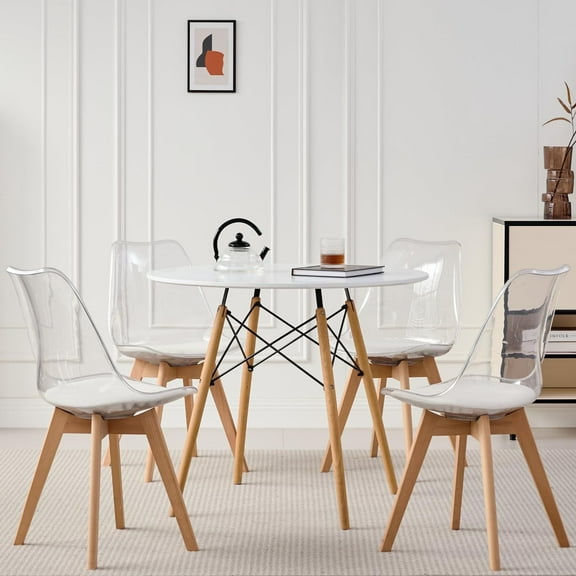 Small Round Dining Table Set for 4, 31.5" Kitchen Table & 4 Clear Acrylic Chairs for Restaurant Bedroom Living Room, Space Saving White Table Chair Set of 4