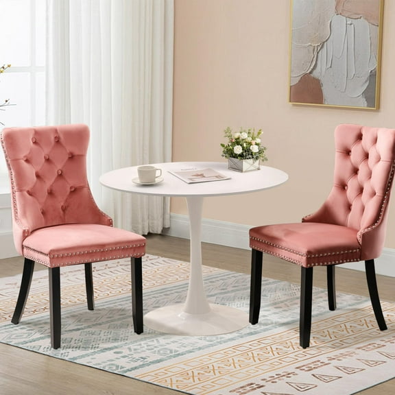 Small Round Dining Table Set for Two, 31.5 Inch White Table with 2 Velvet Chairs, Perfect for Compact Dining Rooms, Apartments, and Breakfast Nooks (White Table & Pink Chairs)