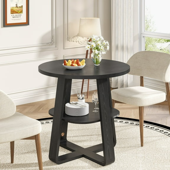 Small Round Dining Table for 2, 31.5 Inch Circle Dining Table with Storage Shelf, Modern Dining Table for Living Room, Black