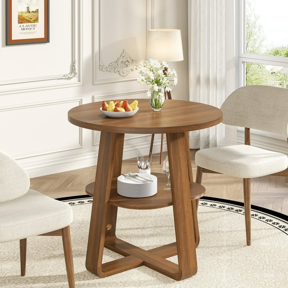 Small Round Dining Table for 2, 31.5 Inch Circle Dining Table with Storage Shelf, Modern Dining Table for Living Room, Walnut