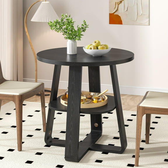Small Round Dining Table for 2-4, Farmhouse Kitchen Table with Open Shelf, Circle Table for Space Saving, Living Room, Dining Room, Black