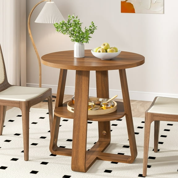 Small Round Dining Table for 2-4, Farmhouse Kitchen Table with Open Shelf, Circle Table for Space Saving, Living Room, Dining Room, Walnut