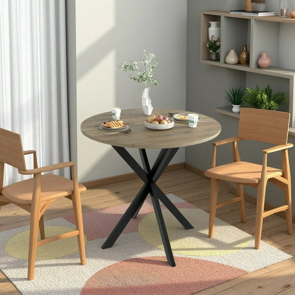 Atumcto Rustic Small Round Dining Table with Adjustable Foot Pads, Metal Black Legs, Compact Design, Brown Finish