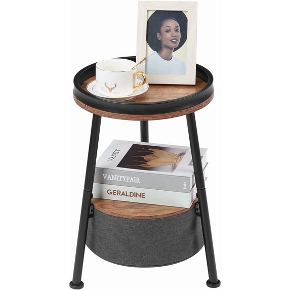 Small Round End Table, 2 Tier Round Side Table with Storage Basket,11.8”D*17.8”H Small Round Table,Sofa Side Table,Small Round Nightstand for Living Room Bedroom