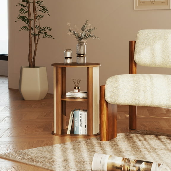Small Round End Table, 2-Tier Side Table with Storage, Nightstand with Adjustable Shelf for Living Room, Walnut