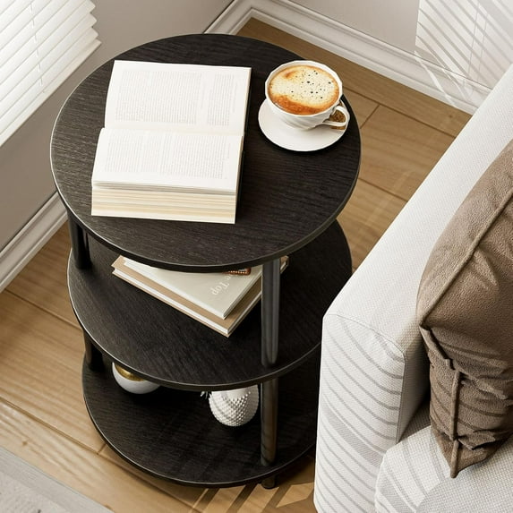 Small Round End Table - 3 Tier Design Accent Table, Narrow Side or Bedside Stand, Industrial Vintage Nightstand for Bedroom, Living Room, or Small Spaces, Rustic Brown