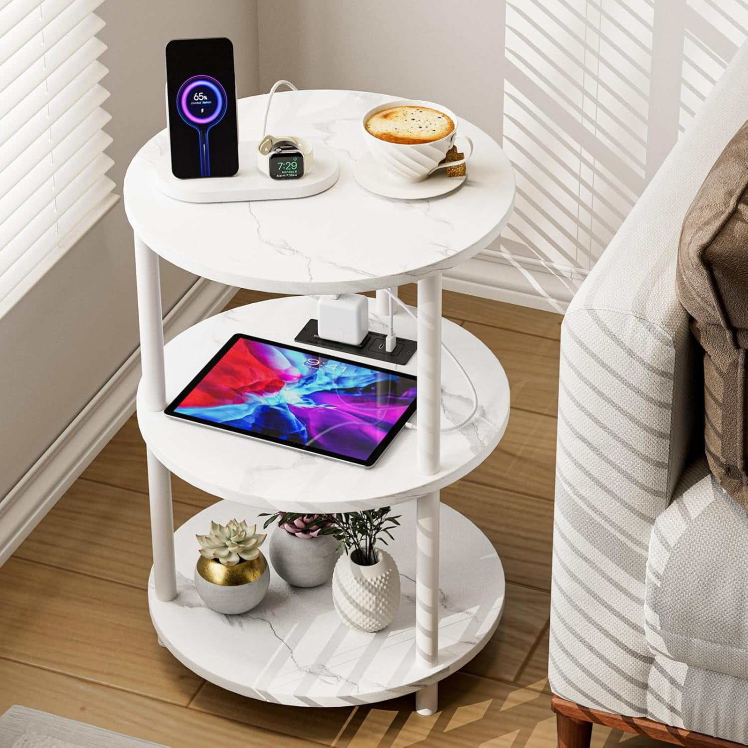 Small Round End Table - 3 Tier Design Accent Table, Narrow Side or ...