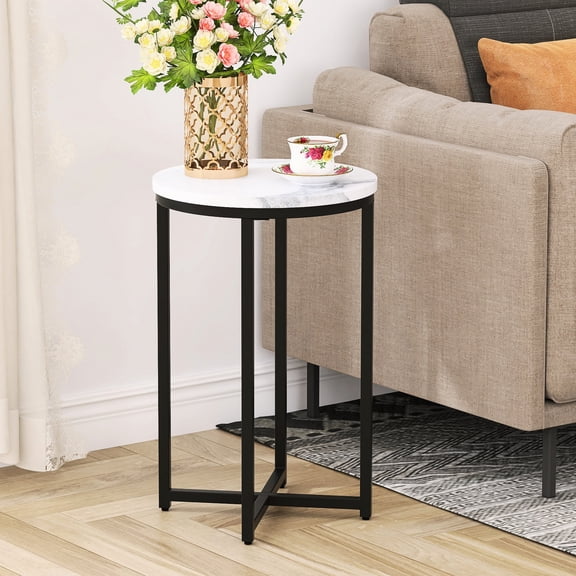 Small Round End Table | Can Be Used in Living Room, Store Magazines | MDF Top and Welded Metal, X-shaped Design | Easy to Move and Keep Tidy