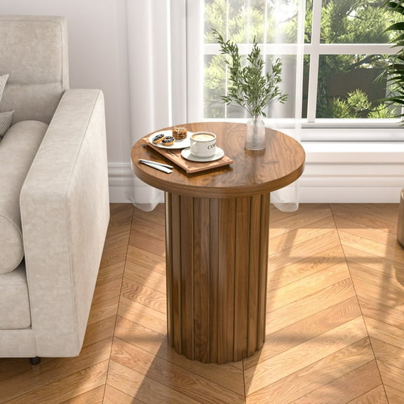 Small Round End Table Farmhouse Accent Side Table Modern Nightstand for Living Room Bedroom (Walnut)