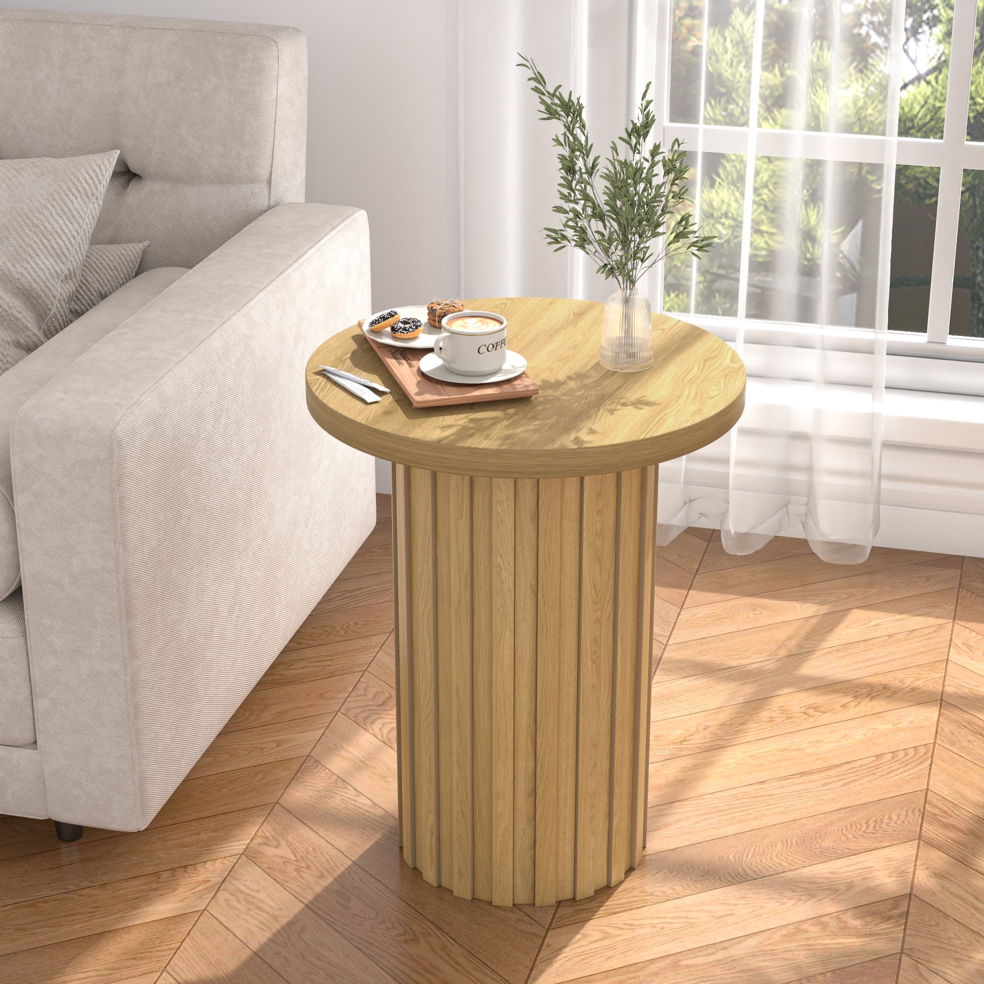 Small Round End Table Farmhouse Accent Side Table Modern Nightstand for Living Room Bedroom (Wood Color)