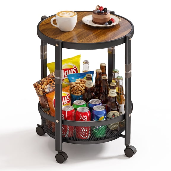 Behome Small Side Table, 2-Tier Rolling Side Table, Foldable Round Trolley Organizer for Livingroom, Bedroom, and Bathroom, Black and Brown