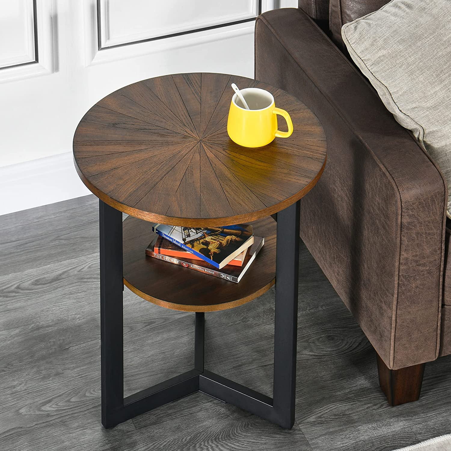 Small Round End Table with Storage Shelf Circular Solid Wood Sofa Side
