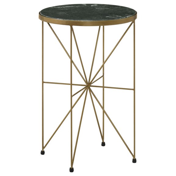 Small Round End Table with Green Marble Top and Antique Gold Metal Base for Living Room, Compact Accent Table 14x14x22 inches
