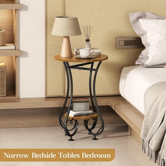 Small Round End Table with Lower Shelf, Retro Accent Coffee Table for Living Room Bedroom Balcony