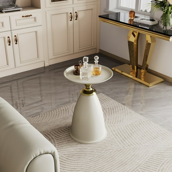 Small Round End Tables, Luxury Design Iron Side Table, Modern Space Saving Pedestal Minimalist Table Nightstand for Living Room Apartment Bedroom, White