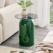 Small Round Glass Coffee Table with Tempered Glass Top & Green Finish, Modern Mid-Century Center Side Table for Living Room Patio Office