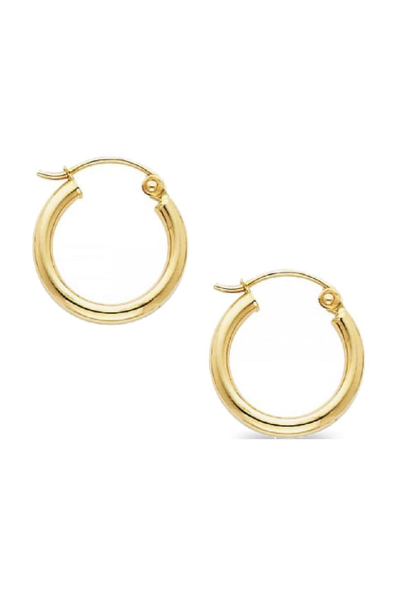 Small Round Hoop Earrings Solid 14k Yellow Gold Plain Classic Design Polished Genuine 15 x 2 mm