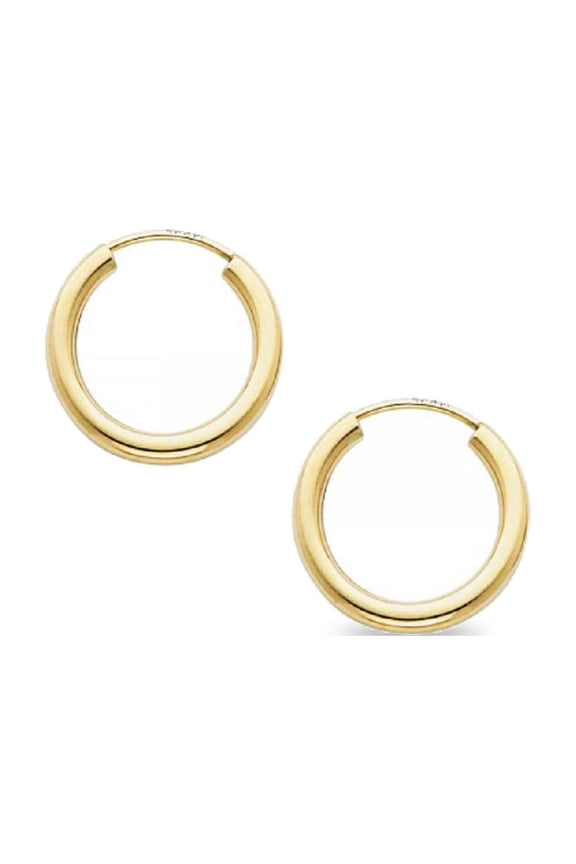 Small Round Hoop Earrings Solid 14k Yellow Gold Plain Endless Design Polished Classic 15 x 2 mm