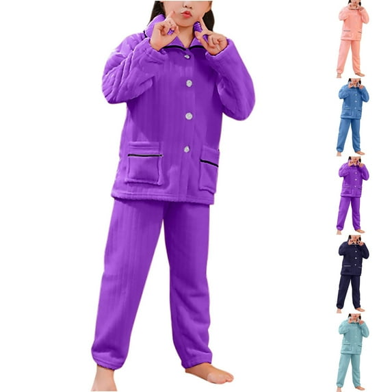 Ashirexll Girls Fleece Pajamas Casual Solid Color Sleepwear Set Fleece Loungewear Warm Cardigan Top and Pants Two Piece Set for Fall and Winter