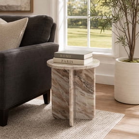 Small Round Marble Side Table for Small Table Stand - Home Accent for Bedroom, Night Stand, and Bedside Decor - Contemporary Drink Table for Living Room and Small Spaces - 18", Brown