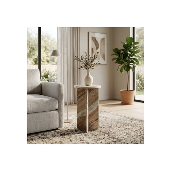 Small Round Marble Side Table for Small Table Stand - Home Accent for Bedroom, Night Stand, and Bedside Decor - Contemporary Drink Table for Living Room and Small Spaces - 22", Brown