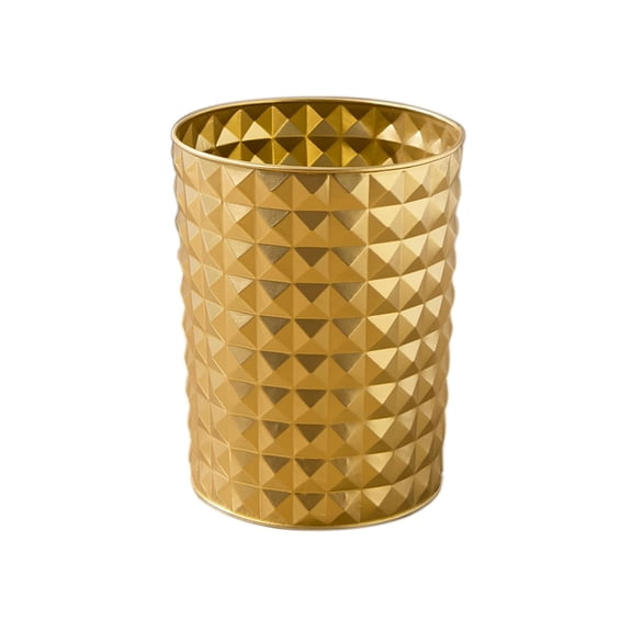 Small Round Metal Trash Can Wastebasket, Decorative Diamond Pattern Garbage Can Waste Paper Bin, Modern Farmhouse Round Trash Bin for Bathroom, Bedroom, Kitchen and Office (Gold)