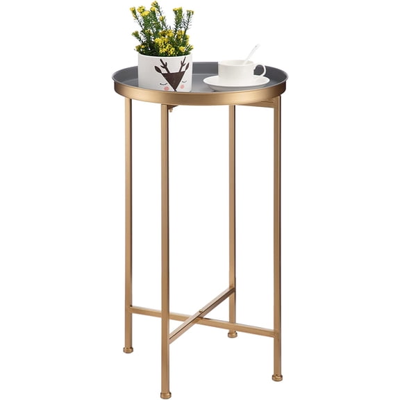 Small Round Metal Waterproof End Table, Accent Indoor&Outdoor Coffee Side Table, Snack Sofa Table for Living Room, Anti-Rust Decorative Plant Stand, (D) 14.5" x (H) 25", Gold/Grey