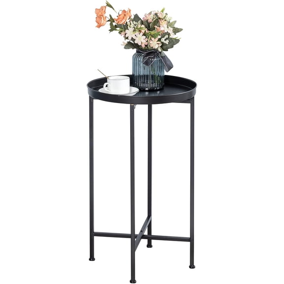 Small Round Metal Waterproof End Table, Accent Indoor&Outdoor Coffee Side Table, Snack Sofa Table for Living Room, Anti-Rust Decorative Plant Stand, (D) 14.5" x (H) 25", Black