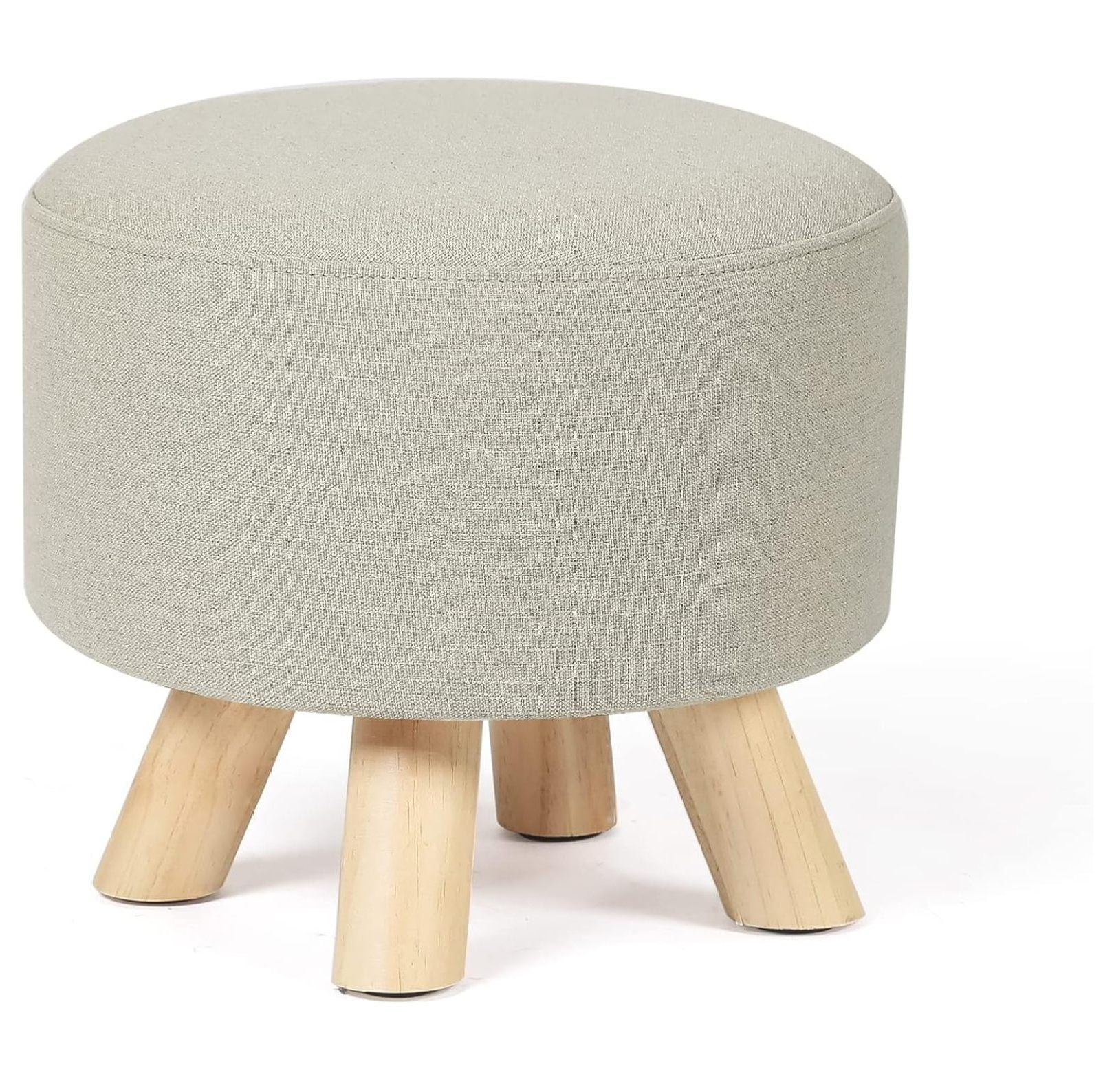 Small Round Ottoman Foot Rest Stool Linen Padded Seat Footstool Ottoman with Non-Skid Wooden ...