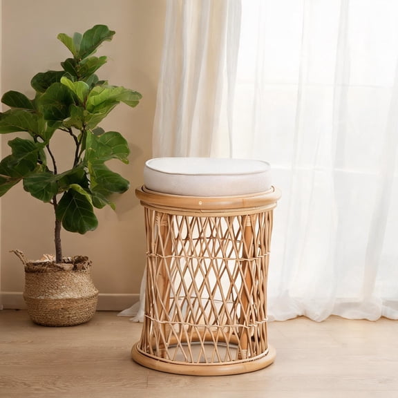Small Round Ottoman Footstool Bohemian Style Natural Rattan and Classic White