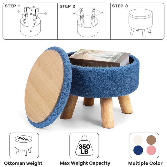 Small Round Ottoman with Storage, Boucle Teddy Velvet Footstool with Wood Legs, Soft Sponge Ottoman Foot Rest for Living Room, Bedroom, Entryway, Blue